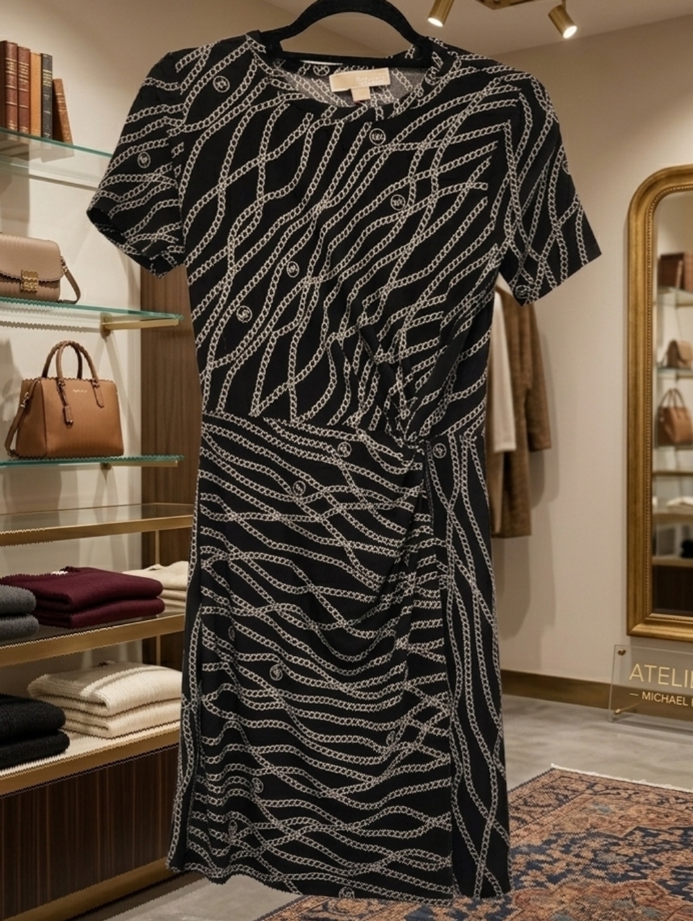 Michael Kors Xs Black Chain-Print Short Sleeve Wrap Dress
